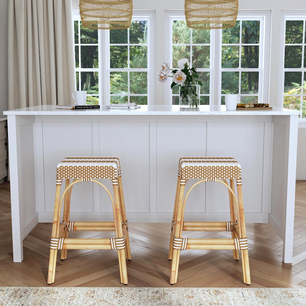 Robias Rectangular Rattan 30" Bar Stool, Tan and White Stripe. Picture 6