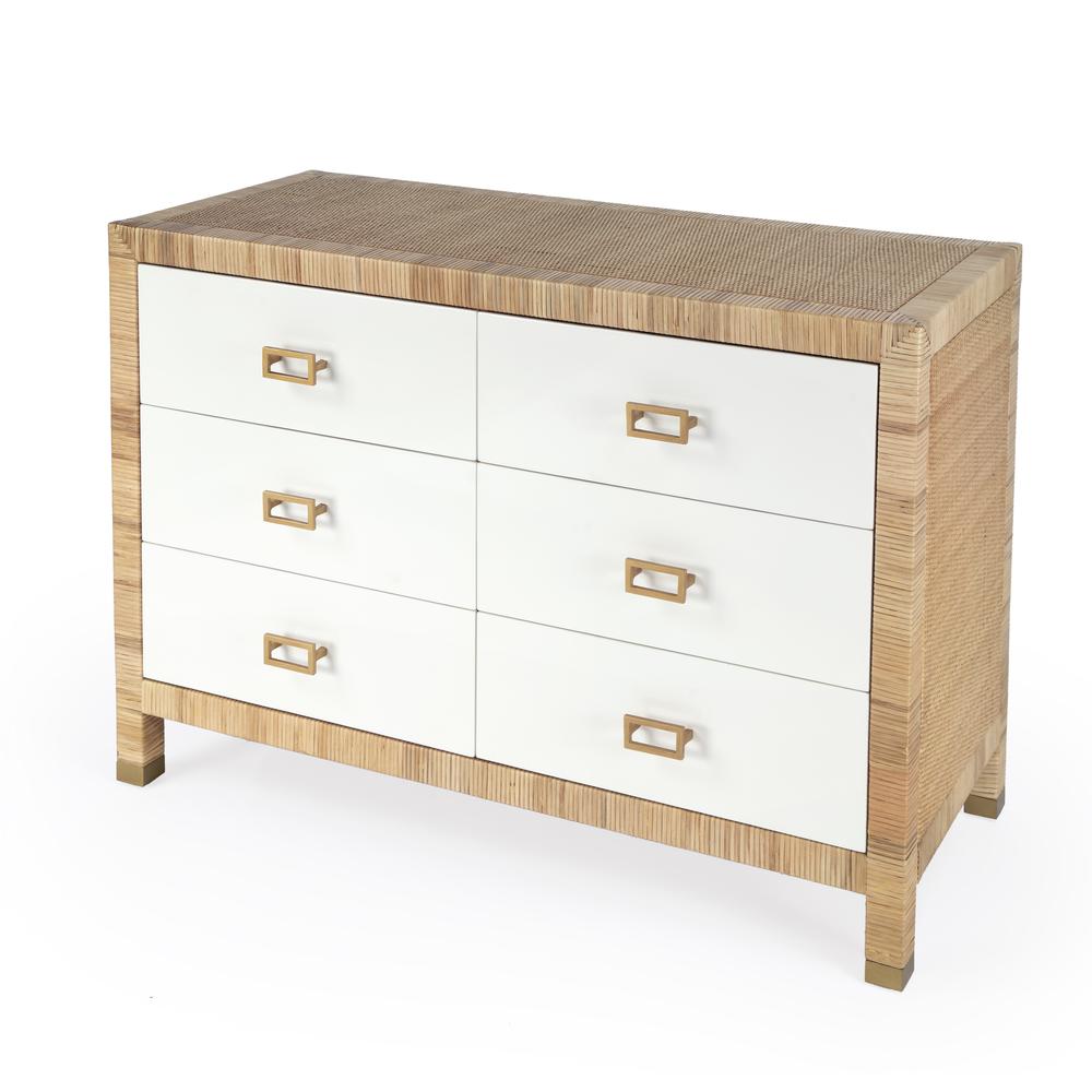 Corfu 6 Drawer Natural Rattan Double Dresser, Natural and White. Picture 1