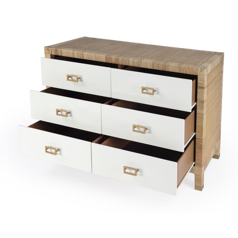 Corfu 6 Drawer Natural Rattan Double Dresser, Natural and White. Picture 2