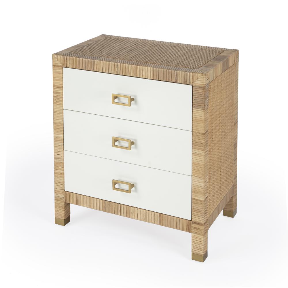 Corfu 3 Drawer Rattan Nightstand, Natural and White. Picture 1