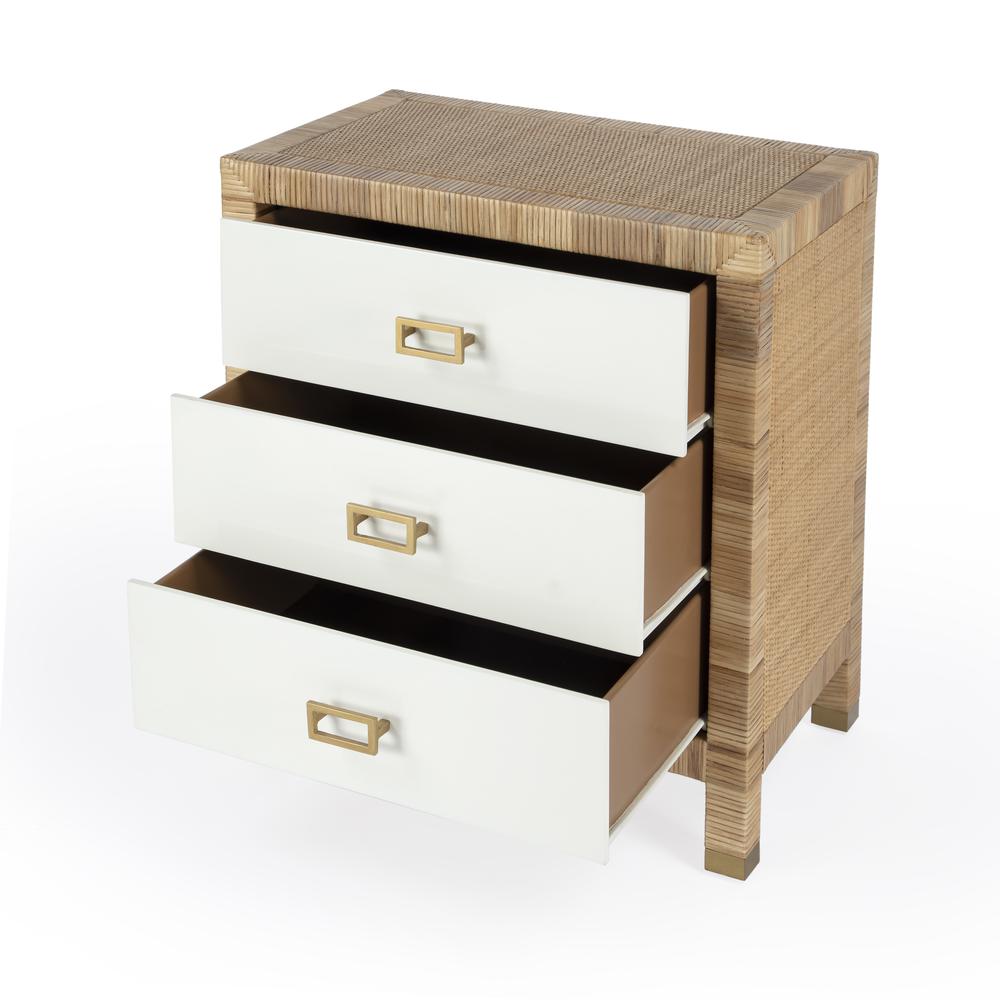Corfu 3 Drawer Rattan Nightstand, Natural and White. Picture 2