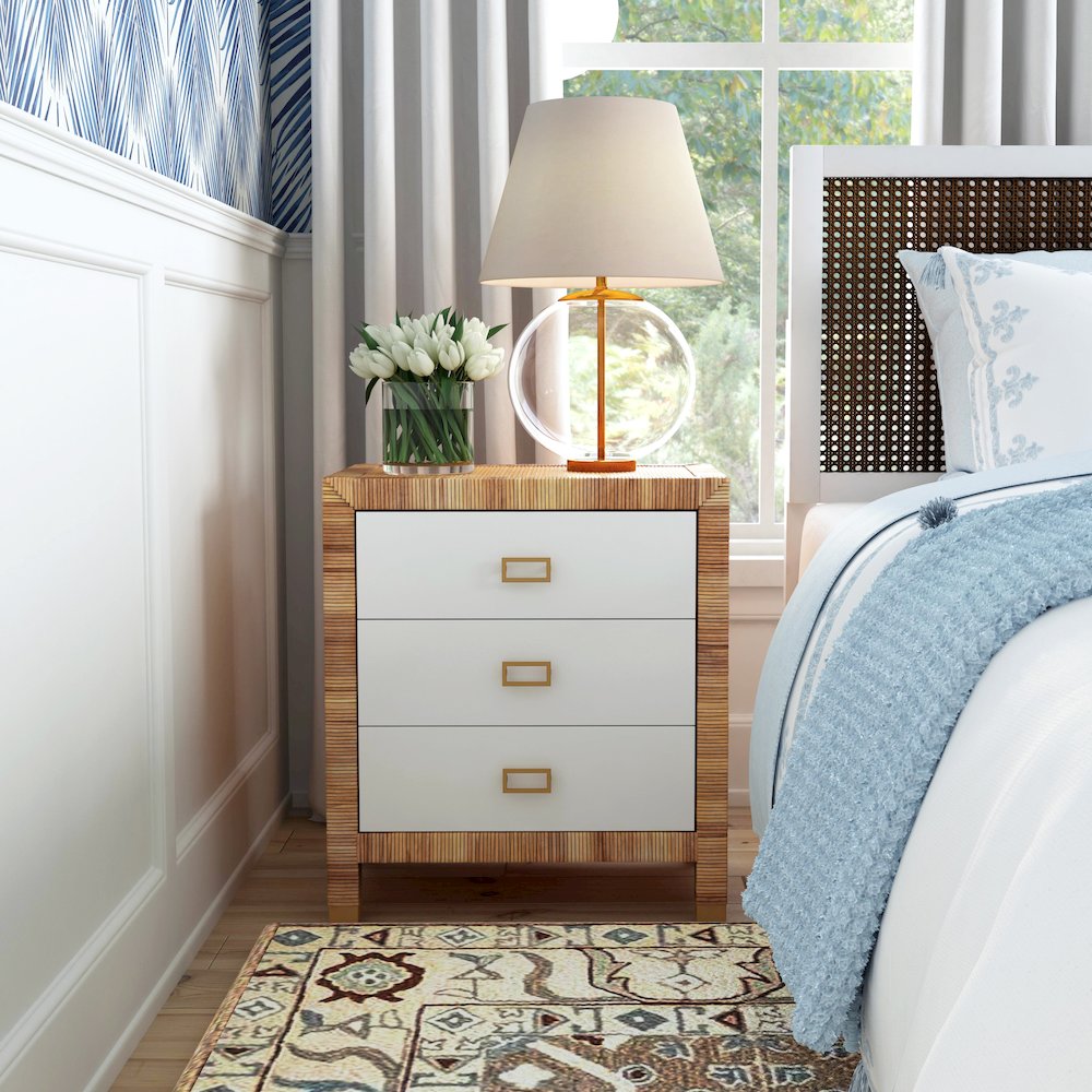Corfu 3 Drawer Rattan Nightstand, Natural and White. Picture 9