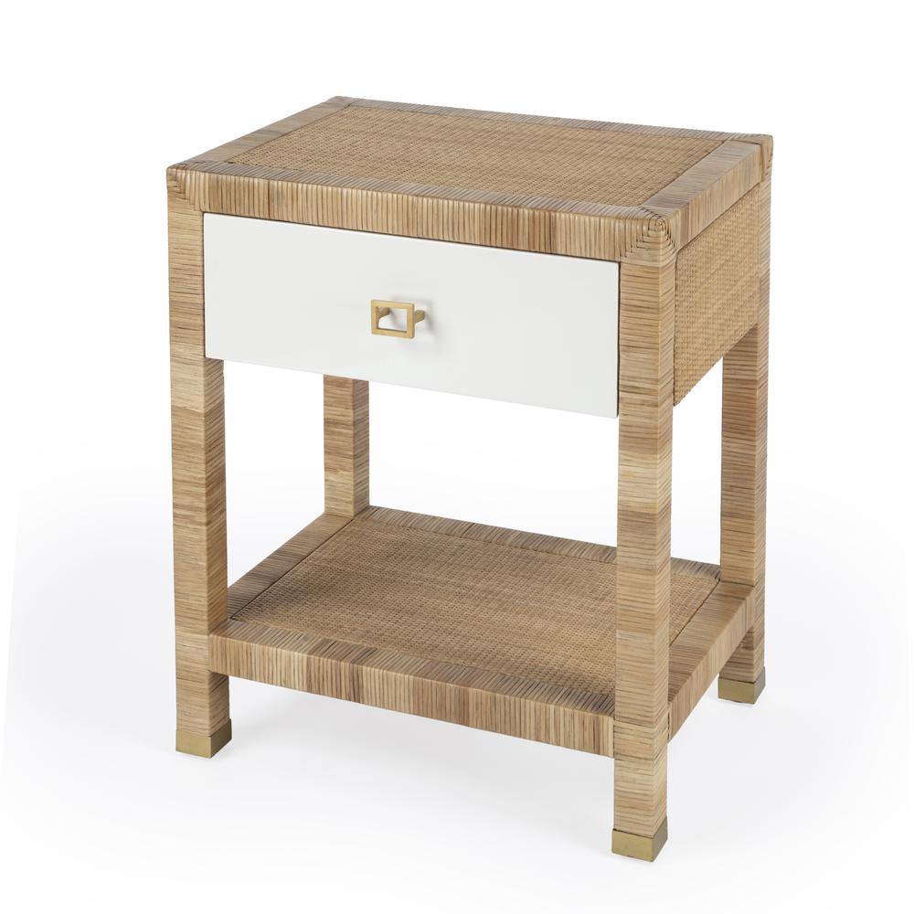 Corfu 1 Drawer Natural Rattan Nightstand, Natural and White. Picture 1