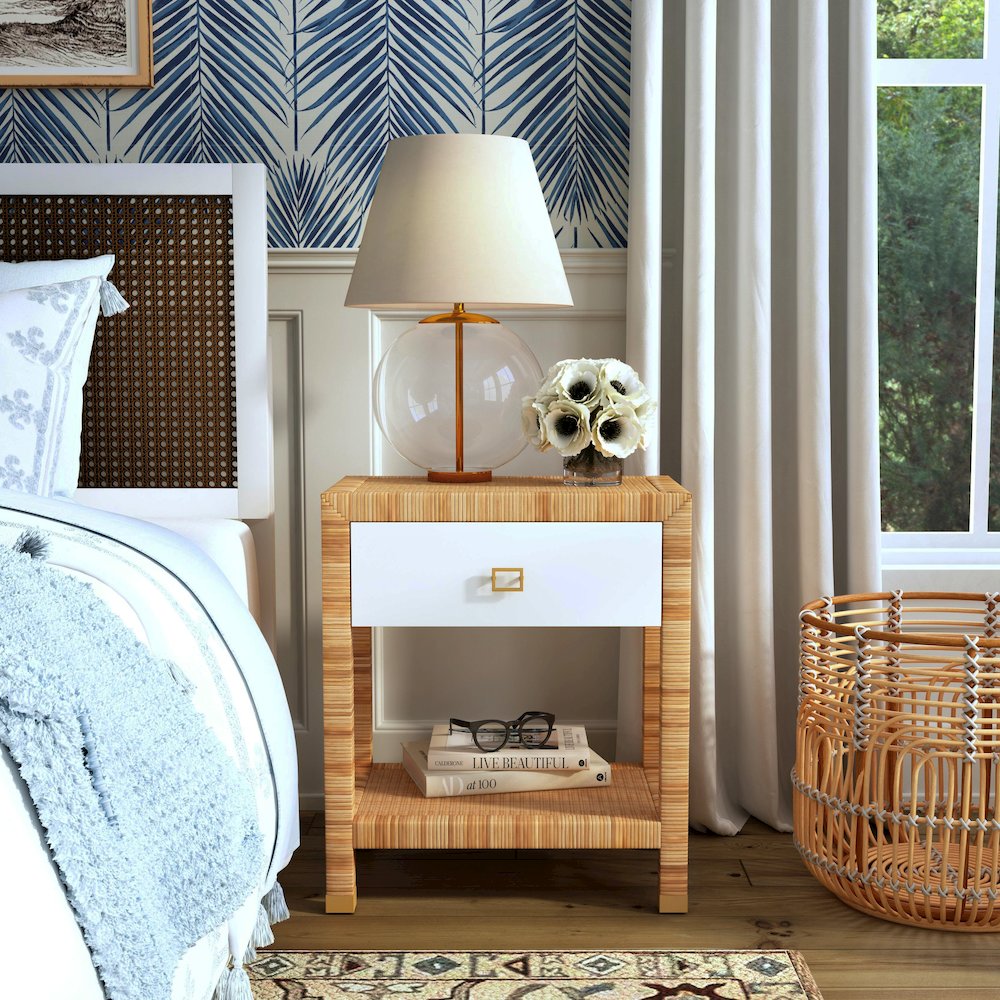 Corfu 1 Drawer Natural Rattan Nightstand, Natural and White. Picture 10