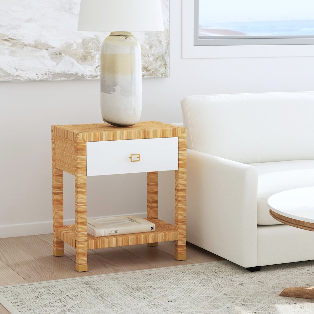 Corfu 1 Drawer Natural Rattan Nightstand, Natural and White. Picture 9