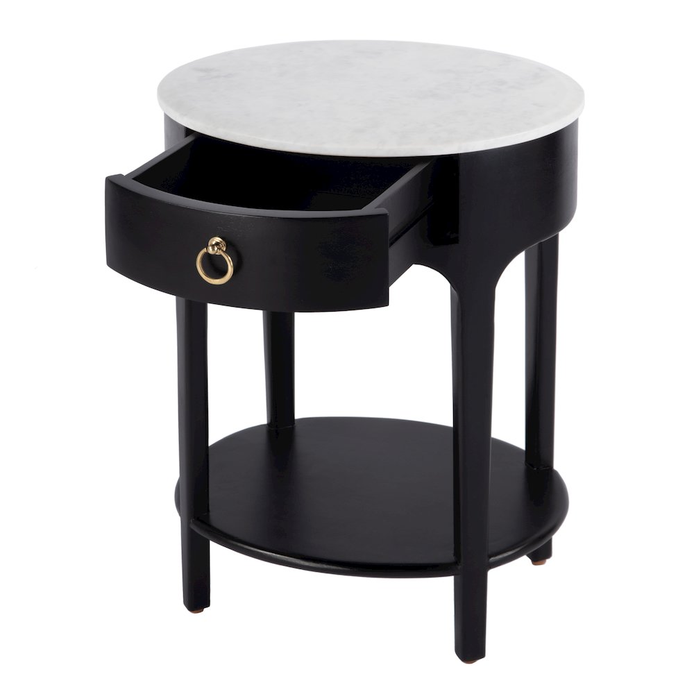 Ellen 18.25 in. W Oval Marble and Wood 1 Drawer Nightstand, Black. Picture 3