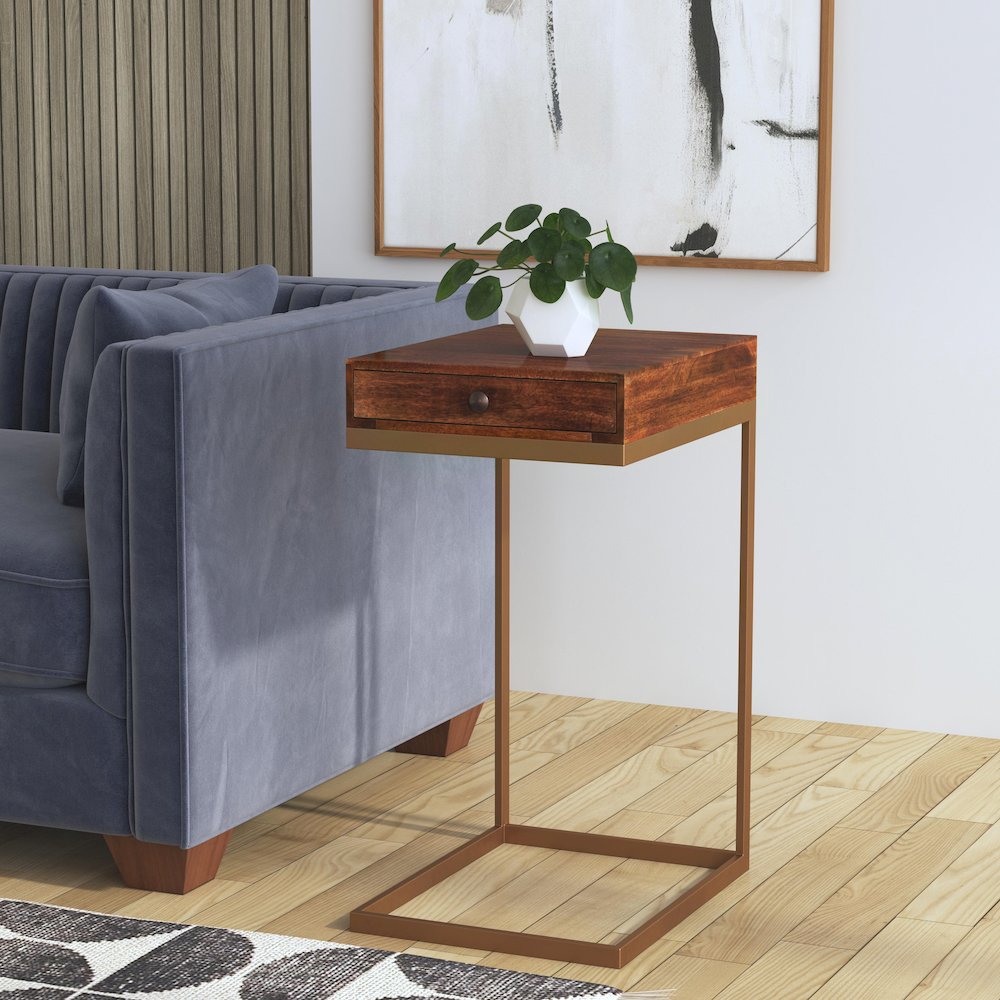 Alec 1 Drawer C Shaped End Table, Medium Brown. Picture 10