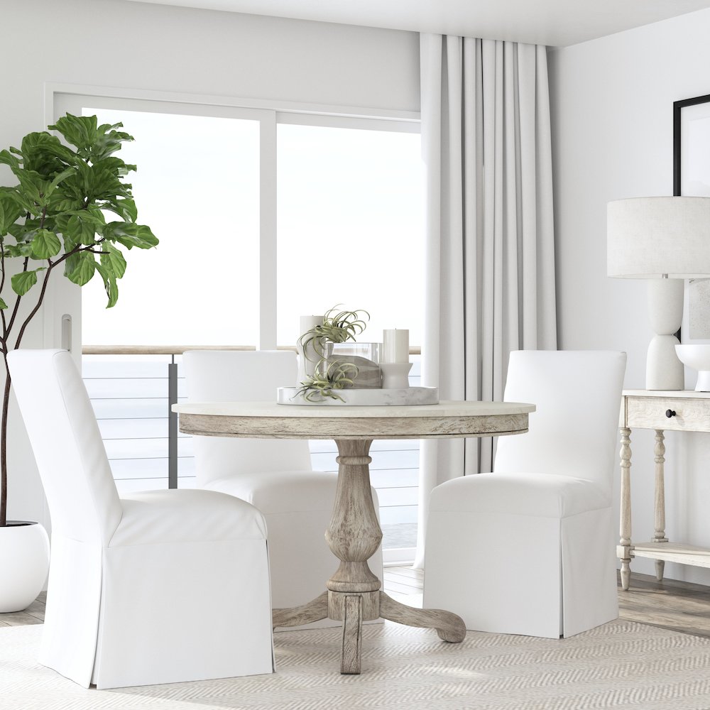 Danielle 44" Round Pedestal Marble top Dining Table, Gray and White. Picture 6