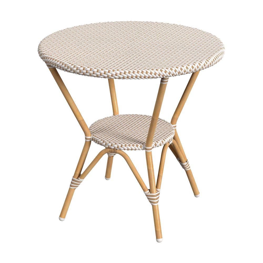 Tobias 30 in. W Outdoor Round Rattan and Metal Bistro Table, Beige and White. Picture 1