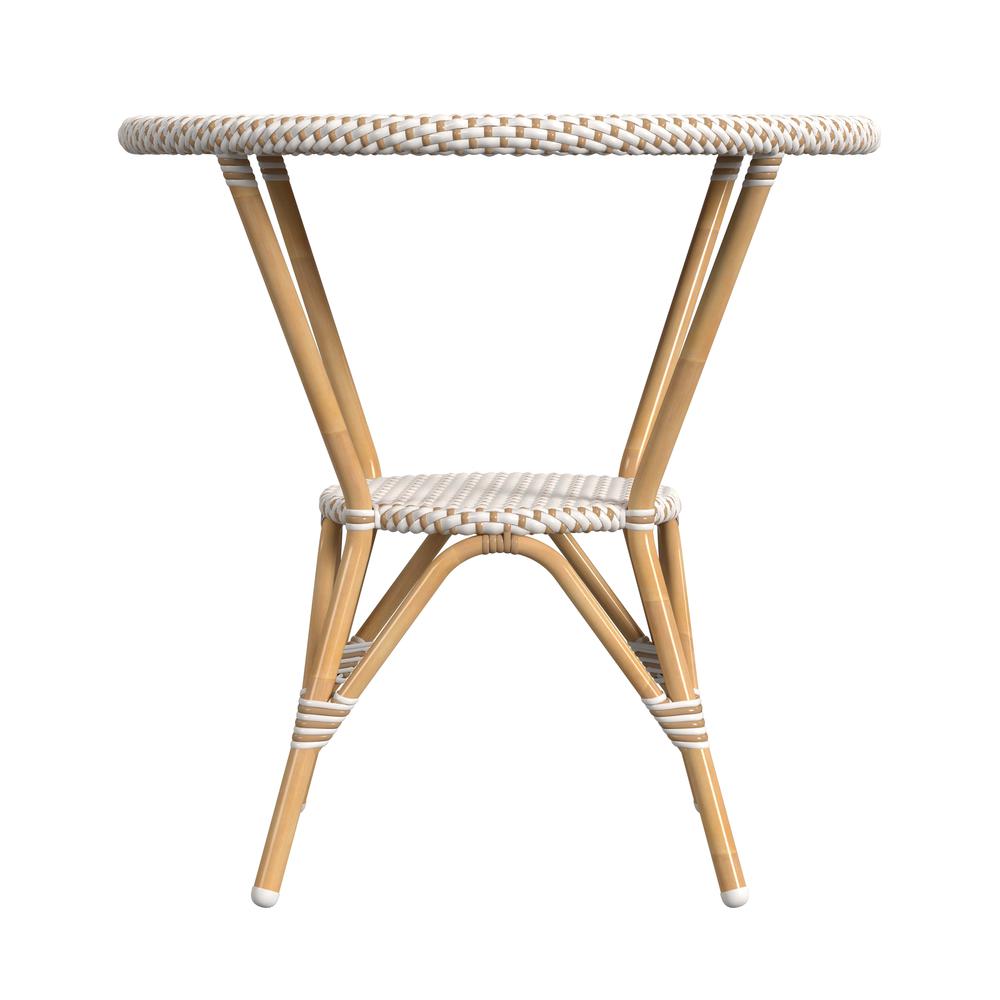 Tobias 30 in. W Outdoor Round Rattan and Metal Bistro Table, Beige and White. Picture 2