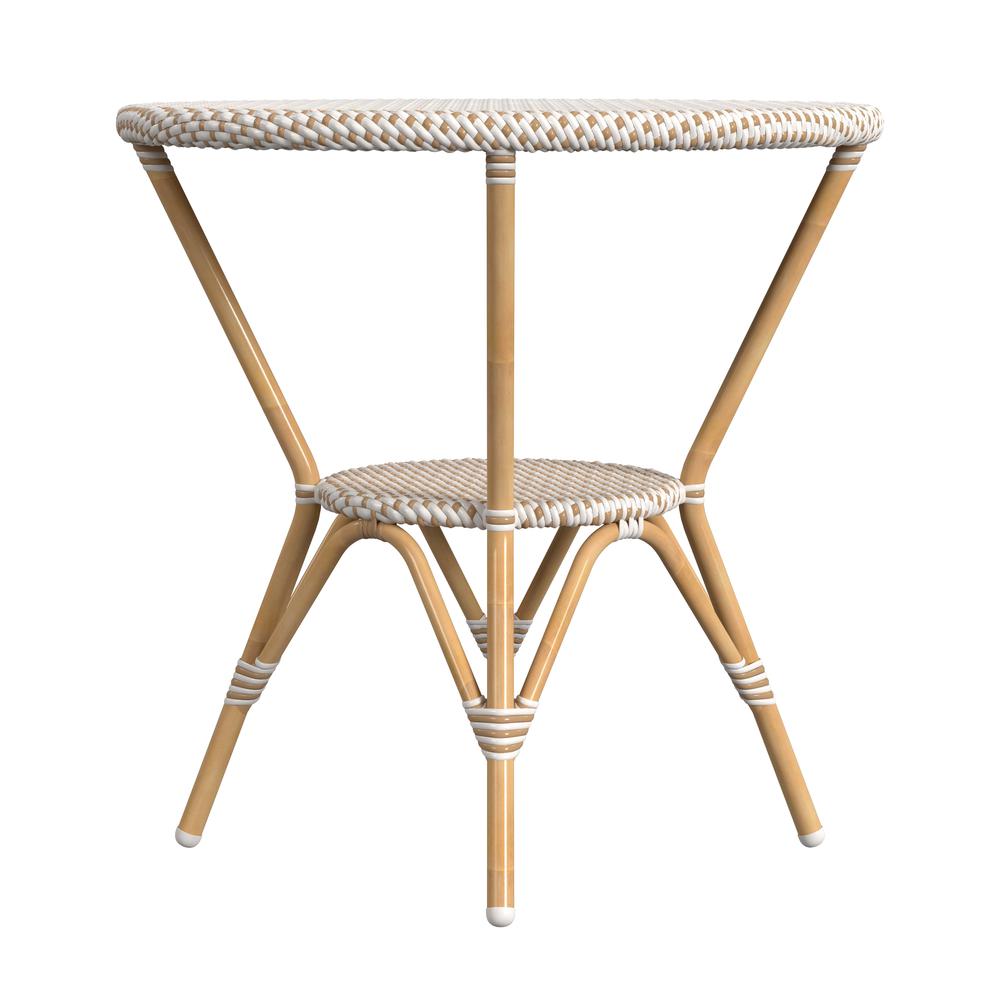 Tobias 30 in. W Outdoor Round Rattan and Metal Bistro Table, Beige and White. Picture 3