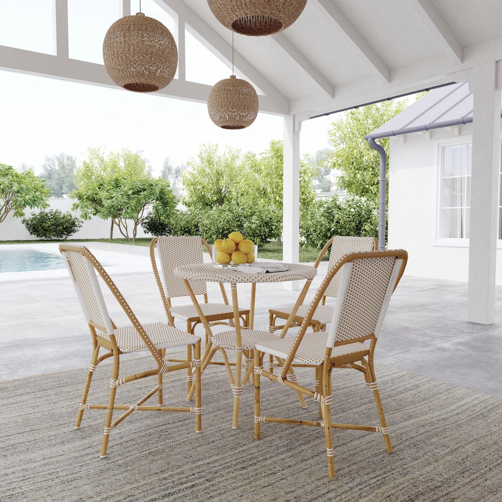 Tobias 30 in. W Outdoor Round Rattan and Metal Bistro Table, Beige and White. Picture 6