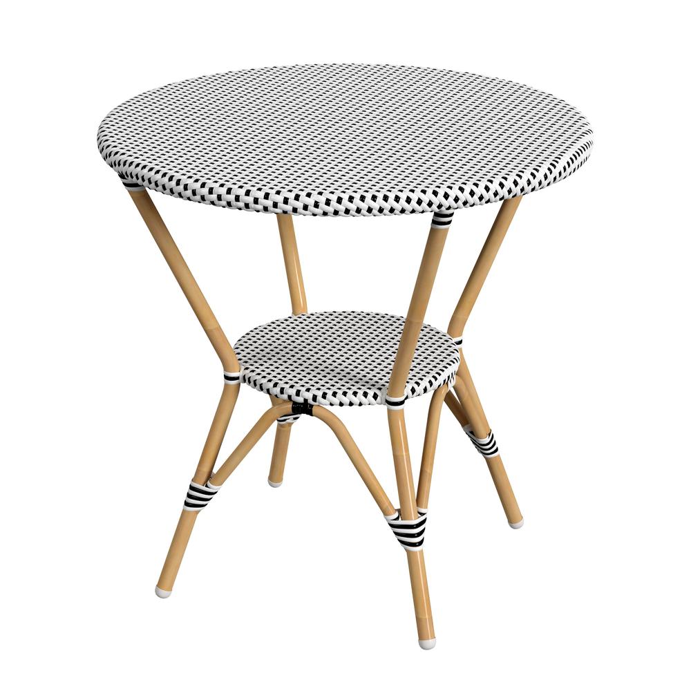 Tobias 30 in. W Outdoor Round Rattan and Metal Bistro Table, Black and White. Picture 1