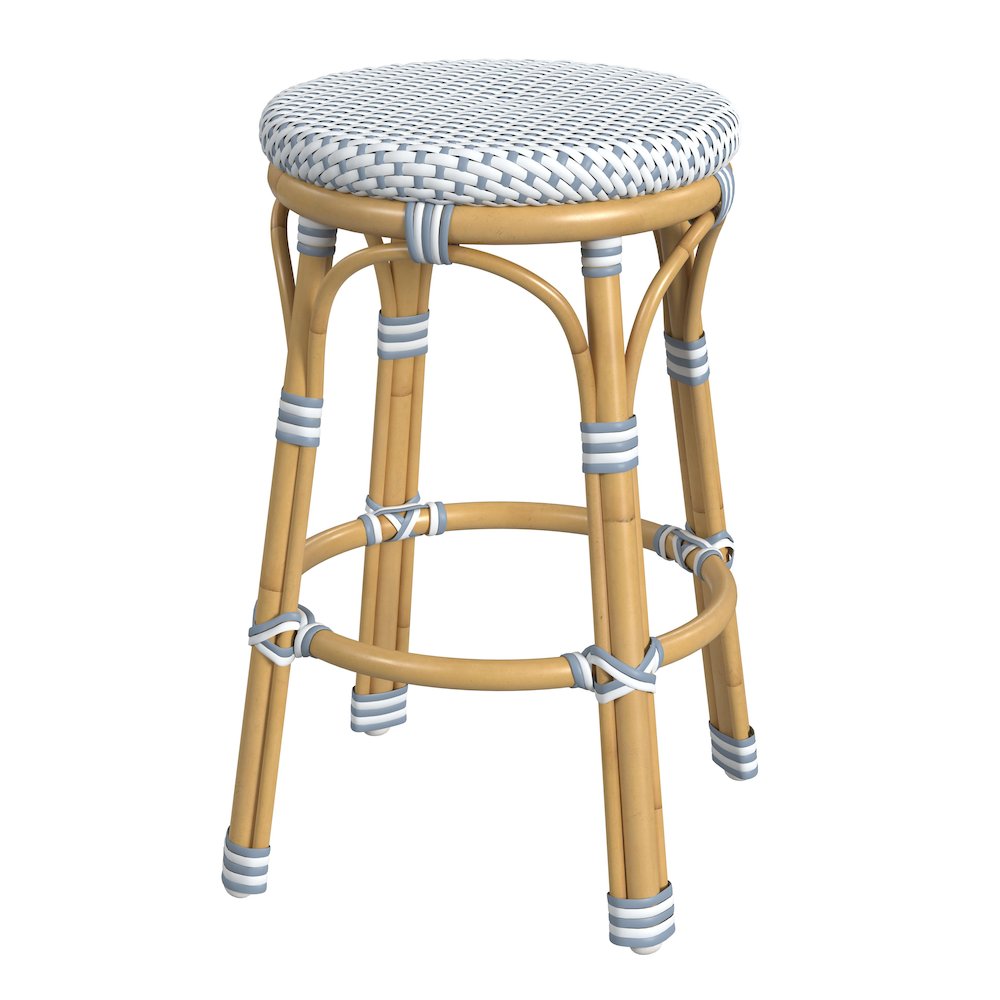 Tobias 24 in. Seat Height Outdoor Rattan and Metal Backless Counter Stool, Blue. Picture 1