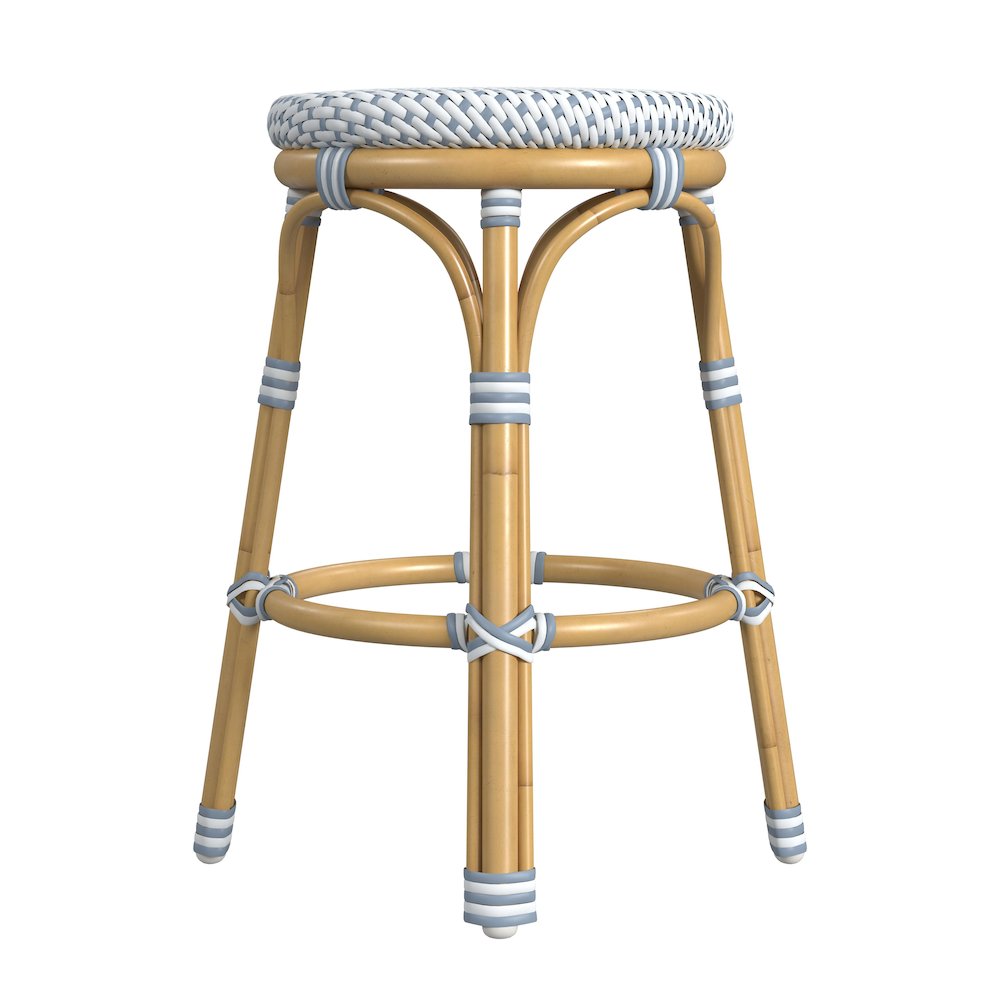Tobias 24 in. Seat Height Outdoor Rattan and Metal Backless Counter Stool, Blue. Picture 2