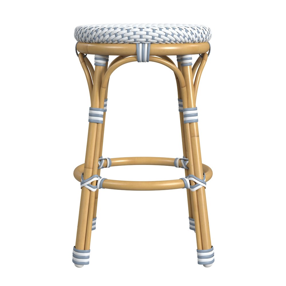 Tobias 24 in. Seat Height Outdoor Rattan and Metal Backless Counter Stool, Blue. Picture 3