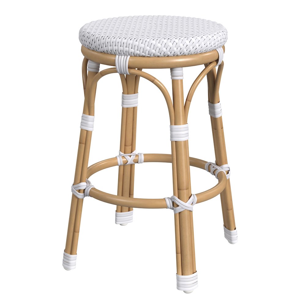 Tobias 24 in. Seat Height Outdoor Rattan and Metal Backless Counter Stool, White. Picture 1