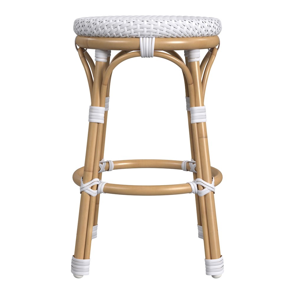 Tobias 24 in. Seat Height Outdoor Rattan and Metal Backless Counter Stool, White. Picture 3