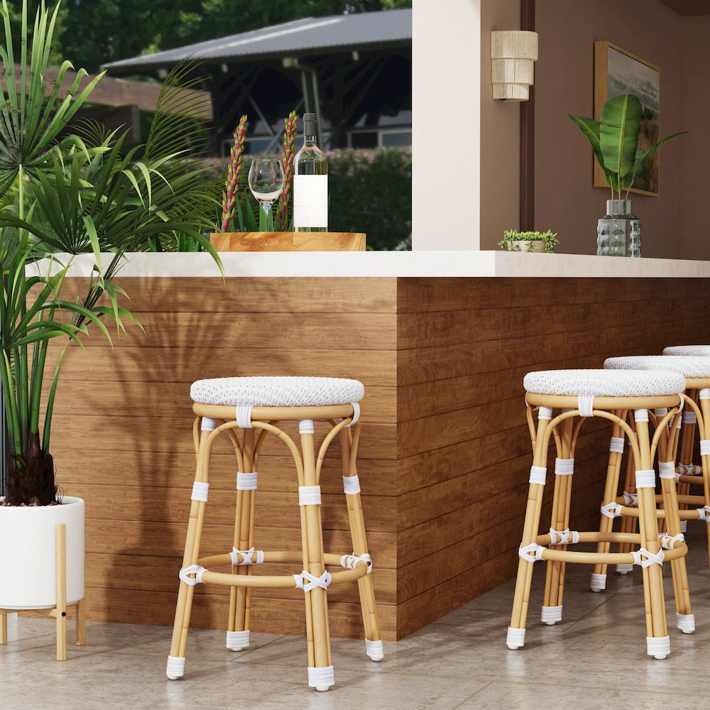 Tobias 24 in. Seat Height Outdoor Rattan and Metal Backless Counter Stool, White. Picture 5