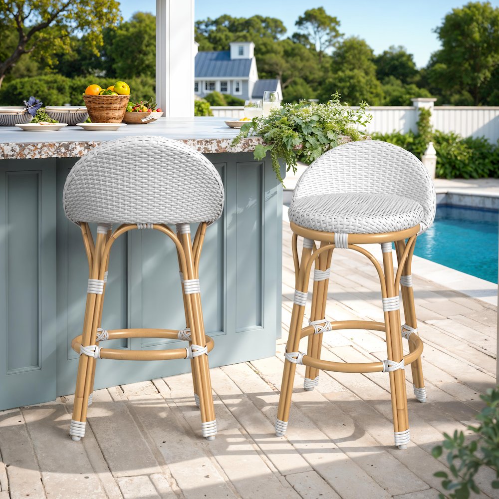 Tobias 24.5 in. Seat Height Outdoor Rattan and Metal Low Back Counter Stool. Picture 2