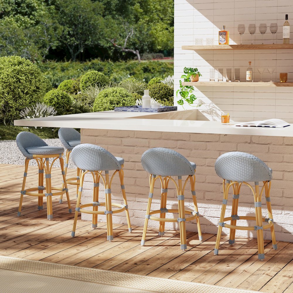 Tobias 24.5 in. Seat Height Outdoor Rattan and Metal Low Back Counter Stool. Picture 2