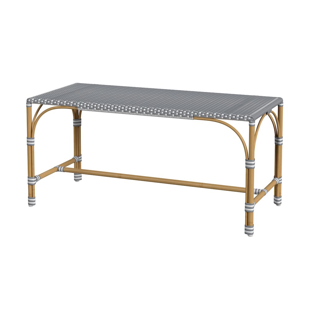 Tobias 40 in. W Outdoor Rectangular Rattan Dining Bench, Gray and White Dot. Picture 1