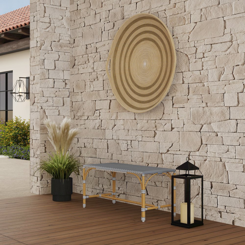 Tobias 40 in. W Outdoor Rectangular Rattan Dining Bench, Gray and White Dot. Picture 5