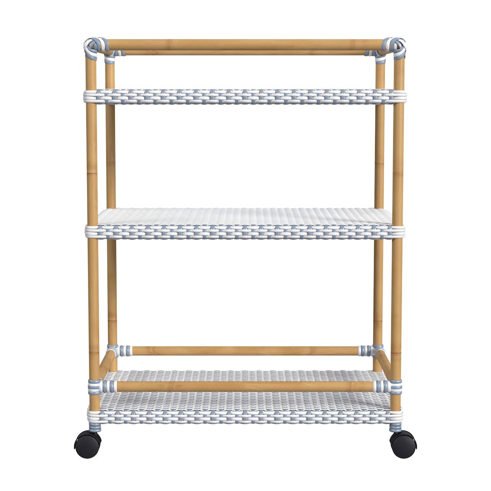 Tobias 24 in. W Outdoor Rattan and Metal 3 Tier Bar Cart, Baby Blue. Picture 2