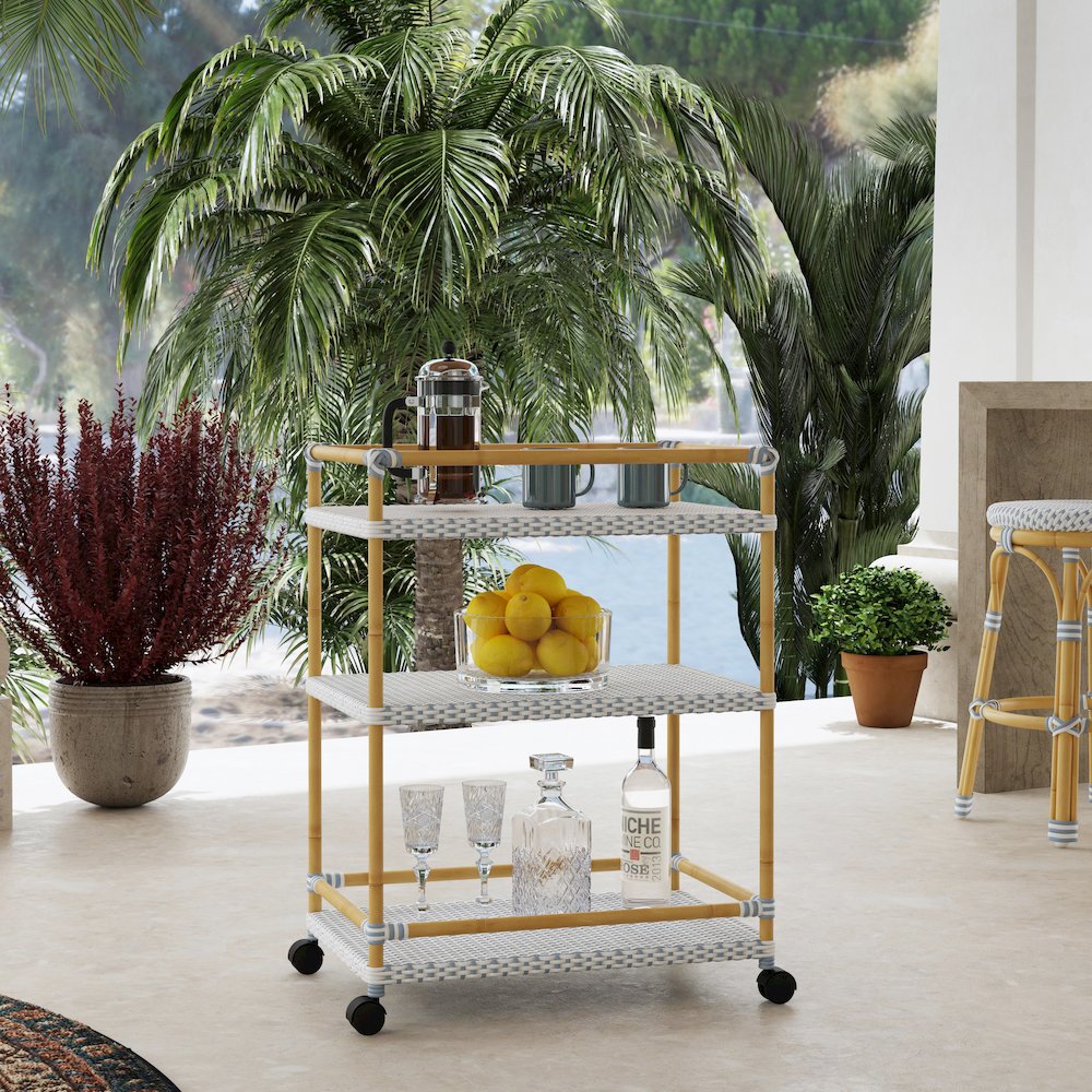 Tobias 24 in. W Outdoor Rattan and Metal 3 Tier Bar Cart, Baby Blue. Picture 5