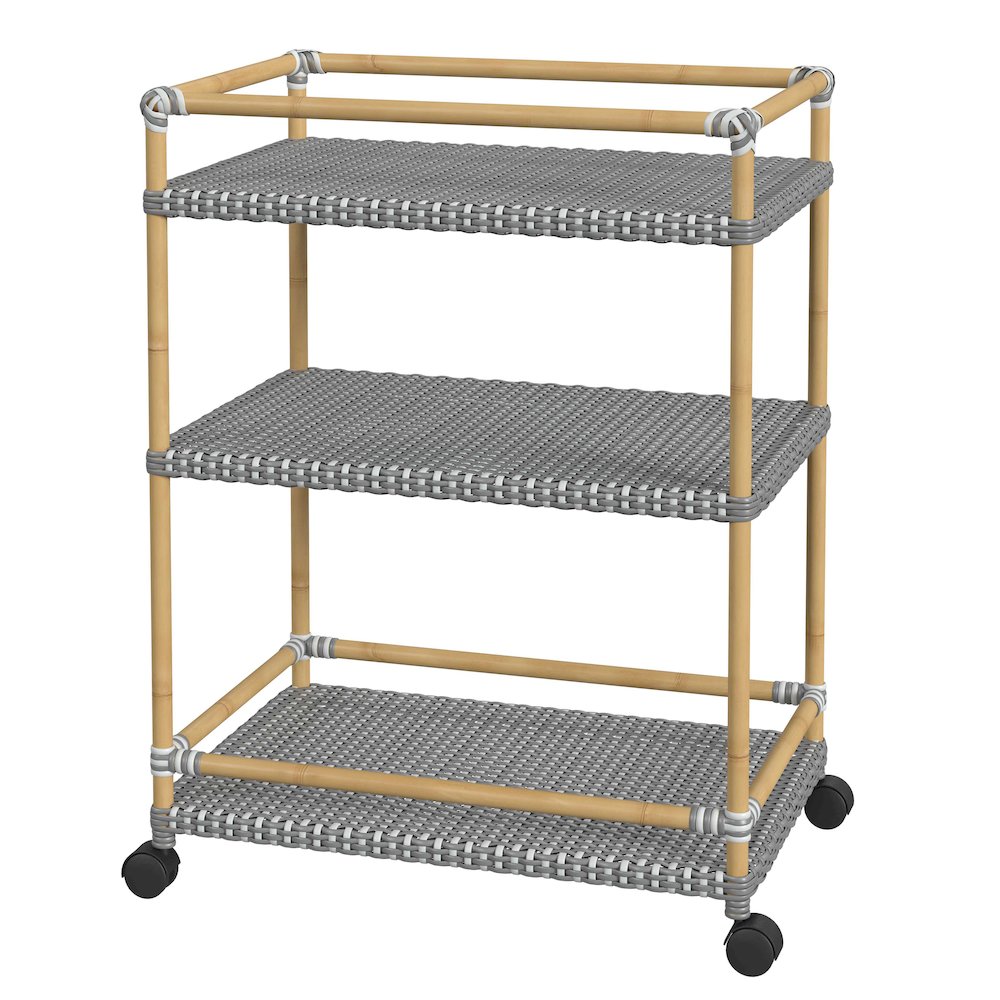 Tobias 24 in. W Outdoor Rattan and Metal 3 Tier Bar Cart, Gray. Picture 1