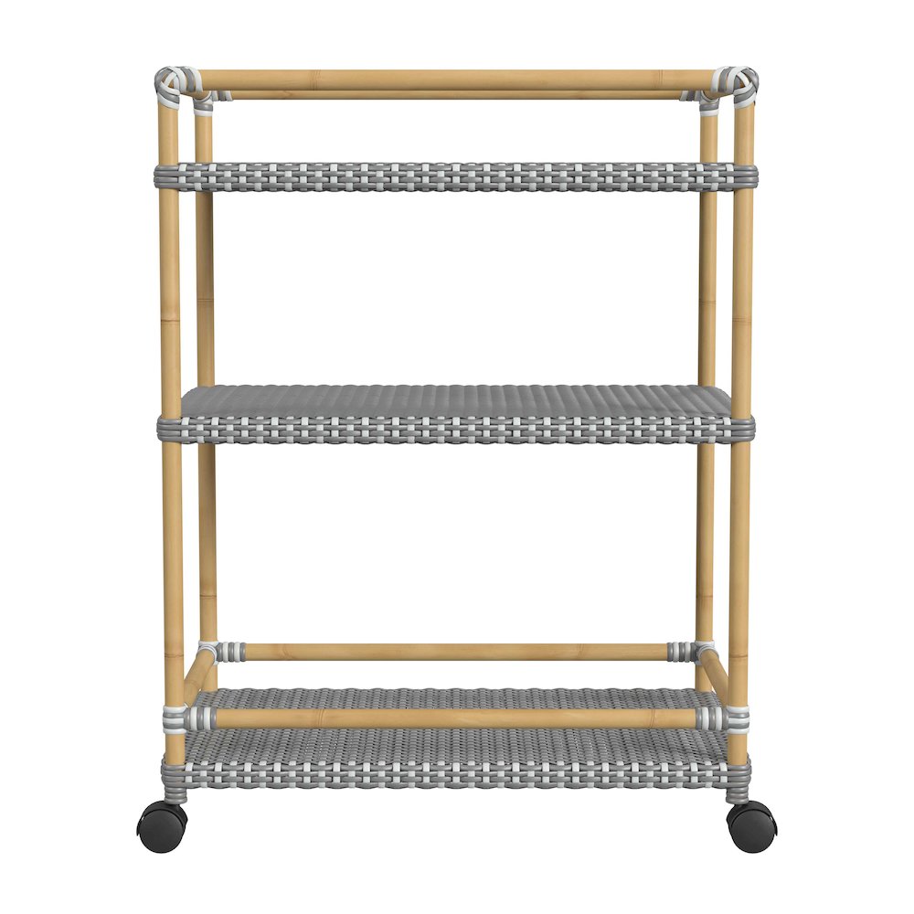 Tobias 24 in. W Outdoor Rattan and Metal 3 Tier Bar Cart, Gray. Picture 3