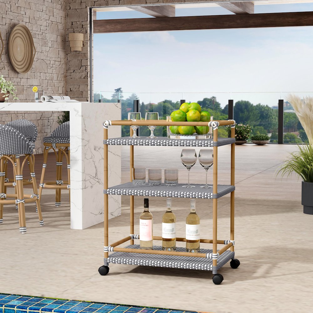 Tobias 24 in. W Outdoor Rattan and Metal 3 Tier Bar Cart, Gray. Picture 2