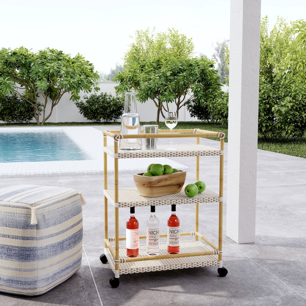 Tobias 24 in. W Outdoor Rattan and Metal 3- Tier Rattan Bar Cart. Picture 6