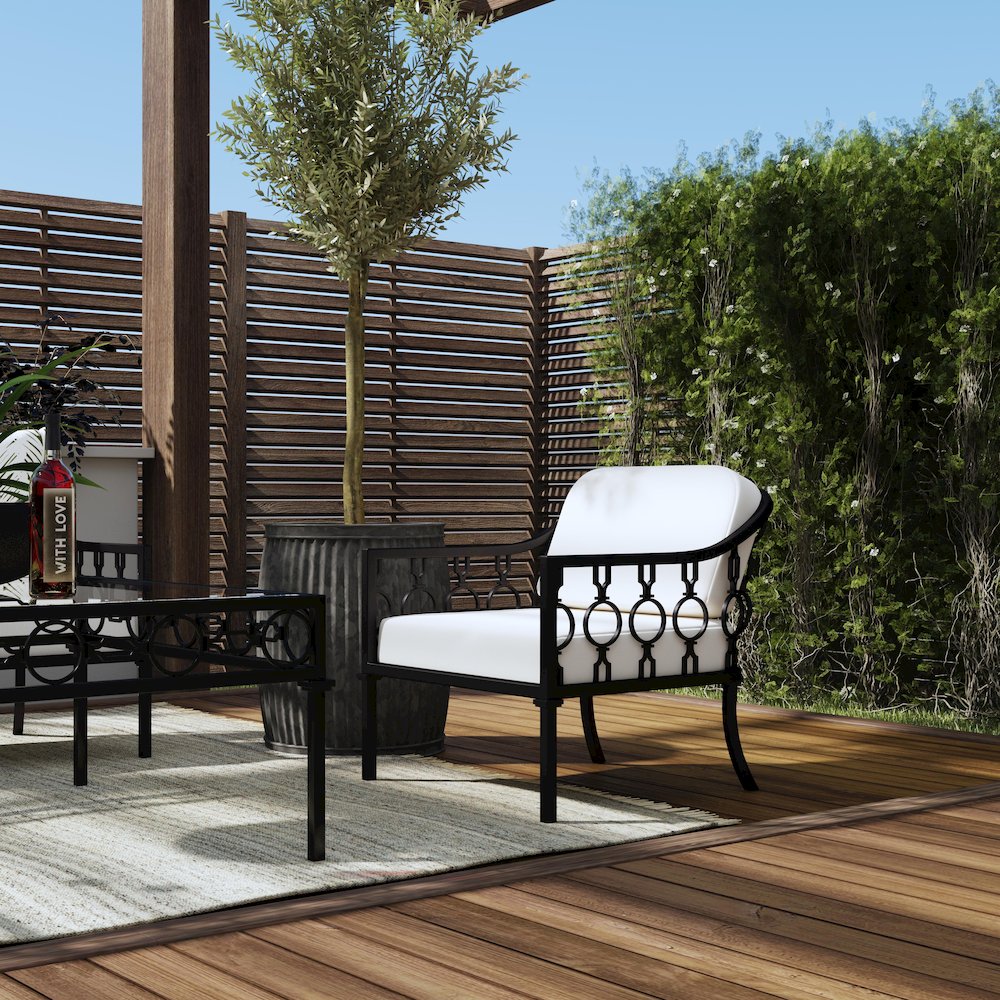 Southport Iron Upholstered Outdoor Lounge Chair, Black. Picture 8