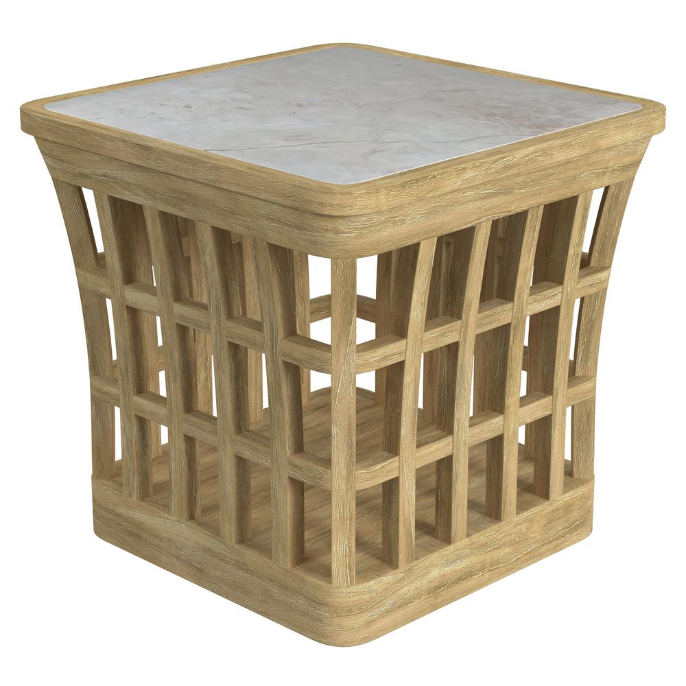 Monhegan Outdoor Teak and Marble End Table, Light Brown. Picture 3