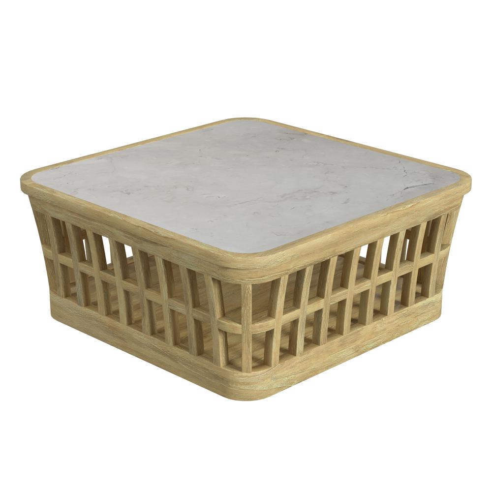 Monhegan Outdoor Teak and Marble Coffee Table, Light Brown. Picture 4