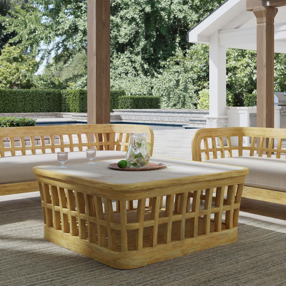 Monhegan Outdoor Teak and Marble Coffee Table, Light Brown. Picture 2