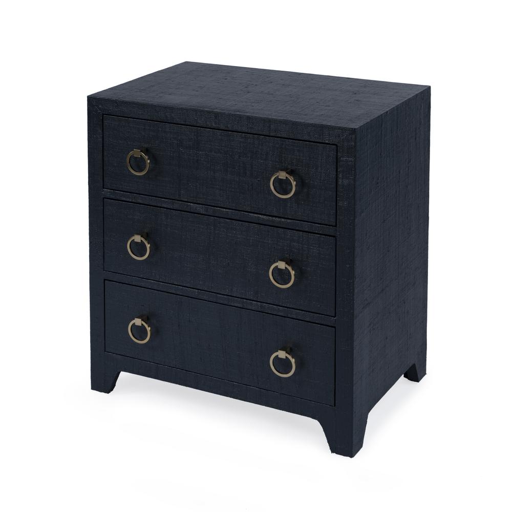 Bar Harbor Raffia 3 Drawer Nightstand, Navy Blue. Picture 1