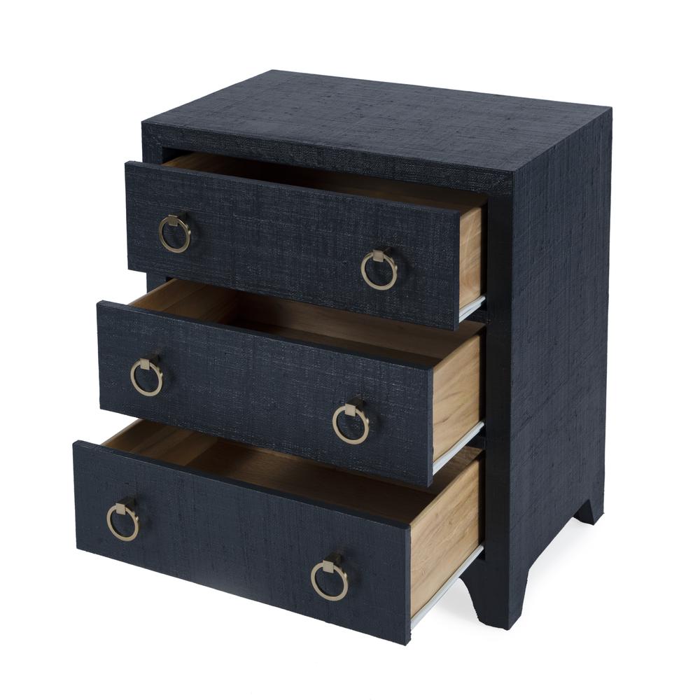 Bar Harbor Raffia 3 Drawer Nightstand, Navy Blue. Picture 2