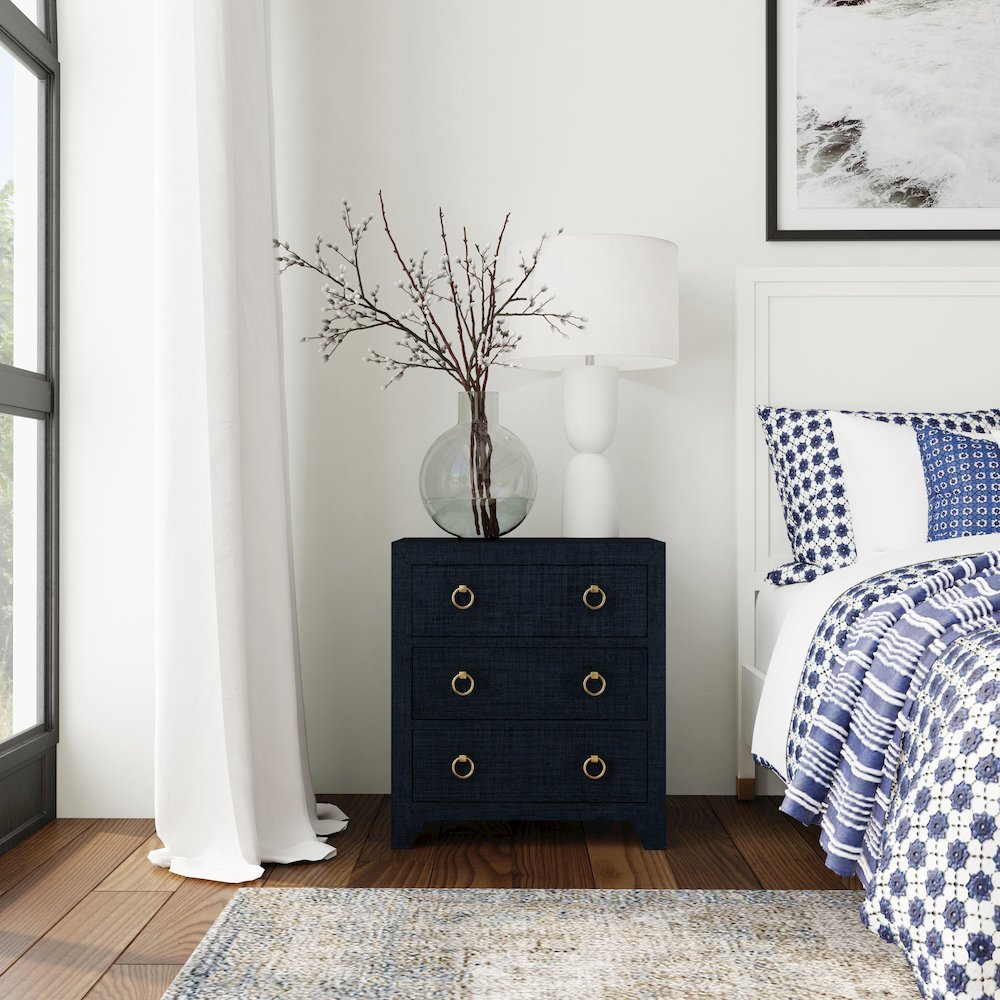 Bar Harbor Raffia 3 Drawer Nightstand, Navy Blue. Picture 9