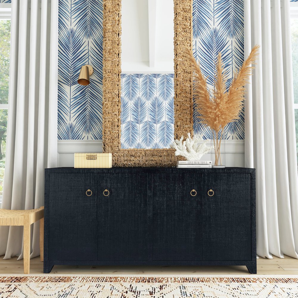 Bar Harbor Raffia 4 Door 70" Sideboard, Navy Blue. Picture 2