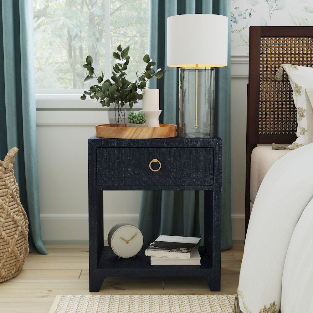 Bar Harbor Raffia 1 Drawer Nightstand, Navy Blue. Picture 7