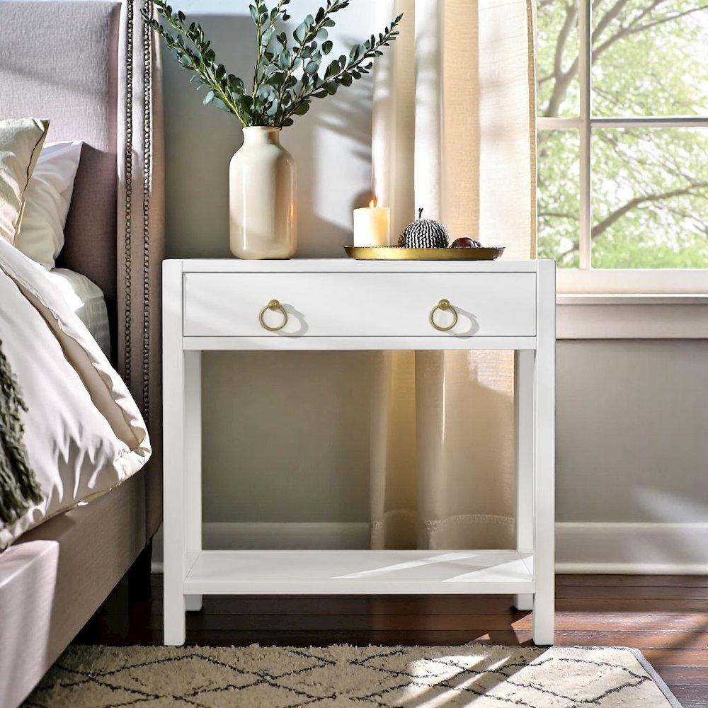 Wide White Nightstand with Drawer – 30 Inch Wood Nightstand for Bedroom. Picture 2