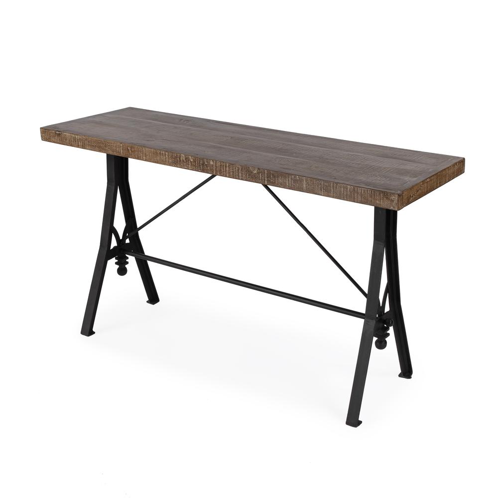 Croyden 56" Wood and Iron Trestle Console Table, Medium Brown. Picture 1