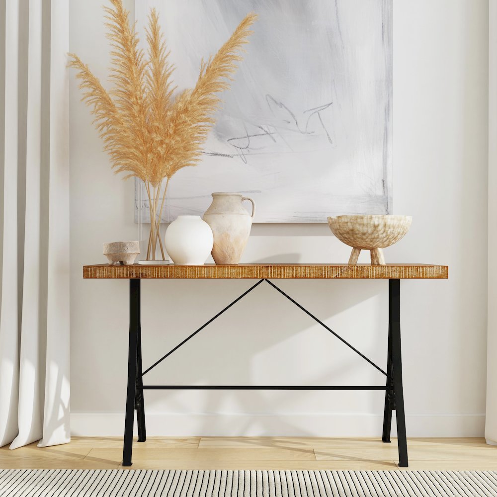 Croyden 56" Wood and Iron Trestle Console Table, Medium Brown. Picture 2