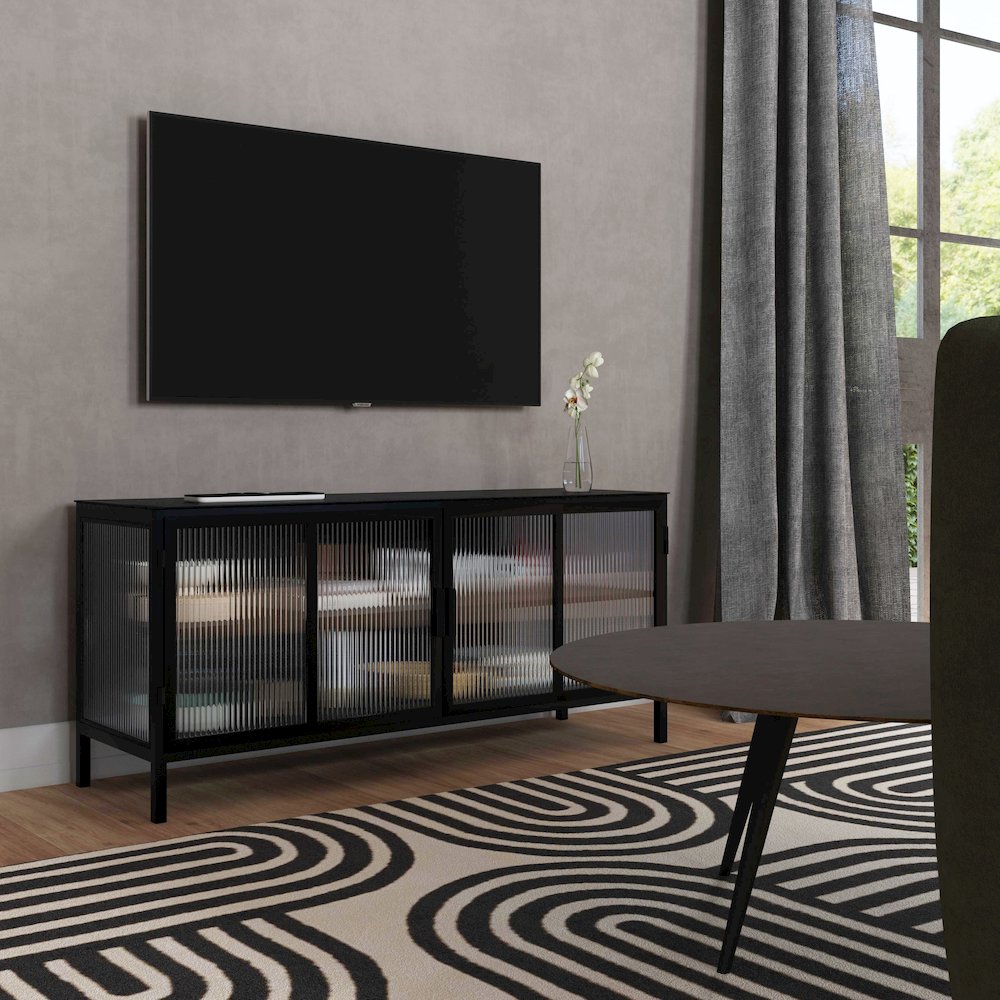 Hoxton Ribbed Glass 2- Door TV Stand, Black. Picture 2