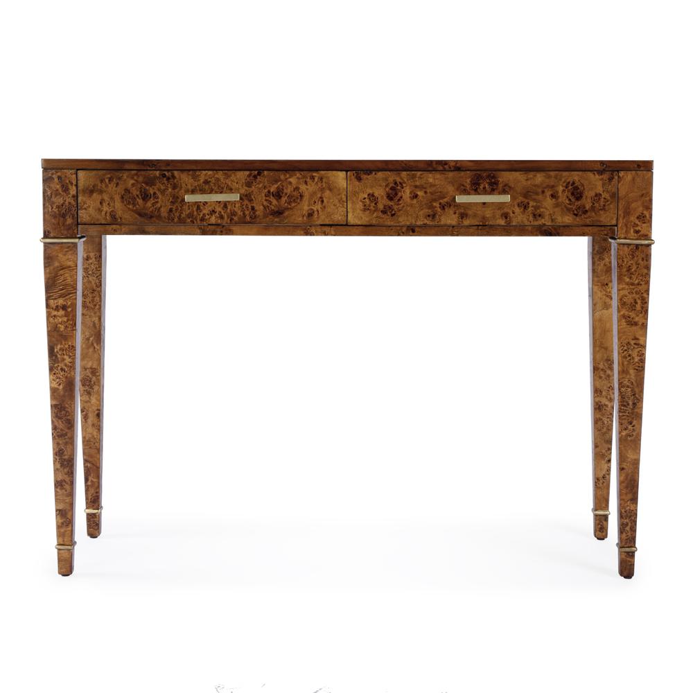 Kai 2 Drawer 45" Burl Wood Console Table, Medium Brown. Picture 3
