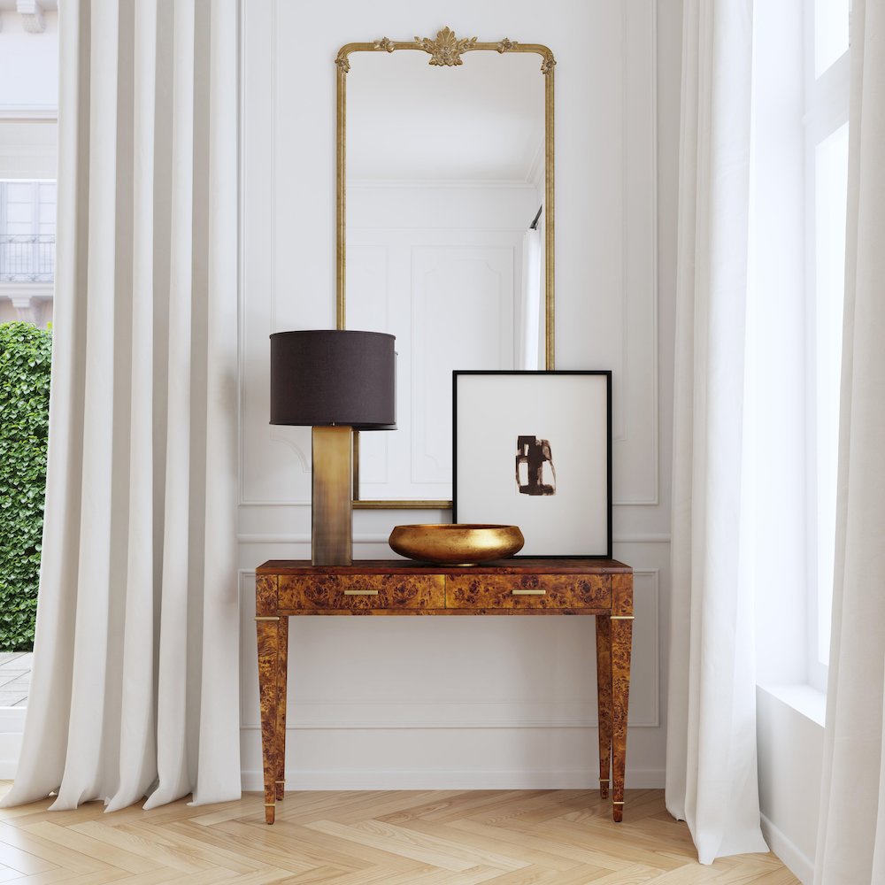 Kai 2 Drawer 45" Burl Wood Console Table, Medium Brown. Picture 8