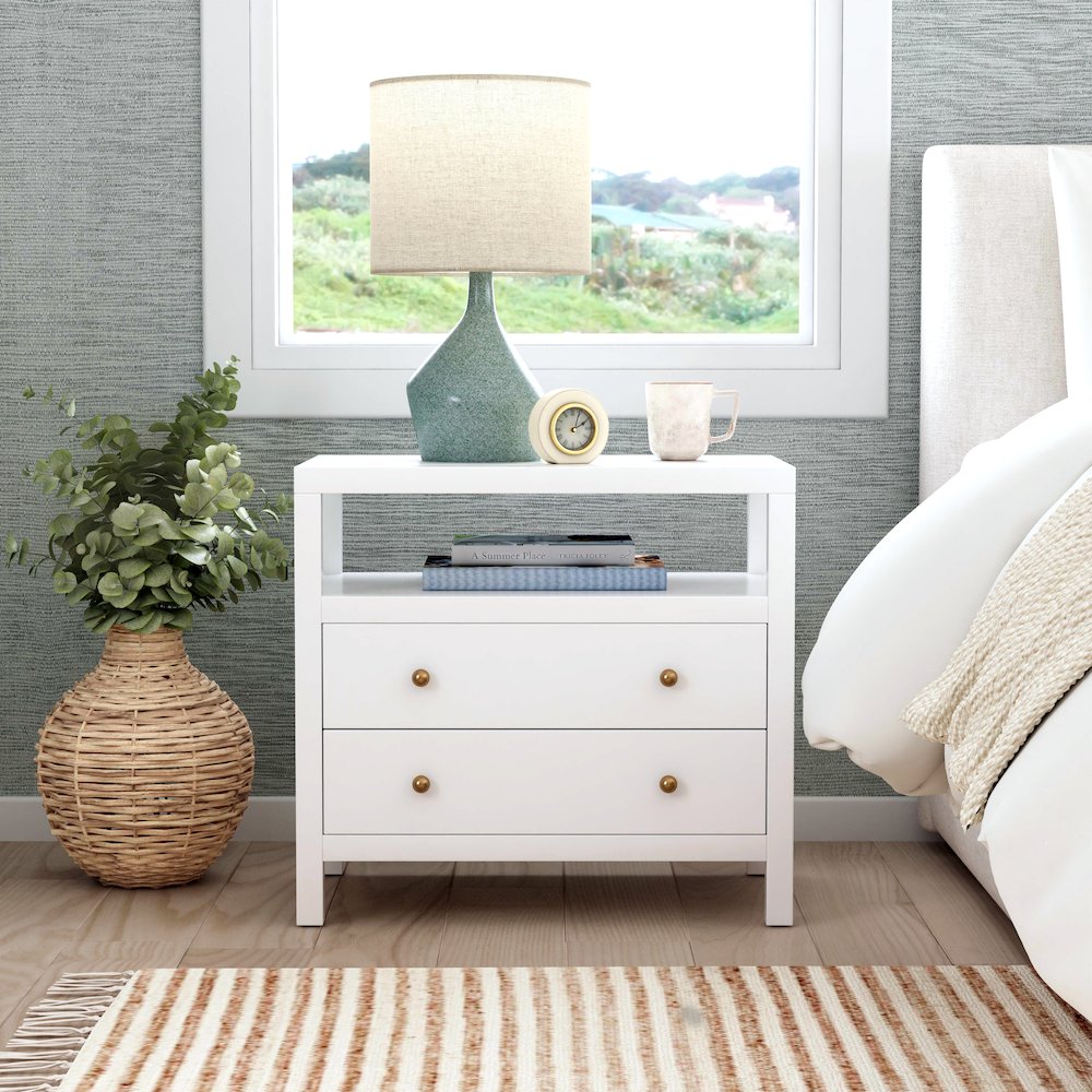 Nora 2-Drawer Wide Nightstand, White. Picture 8