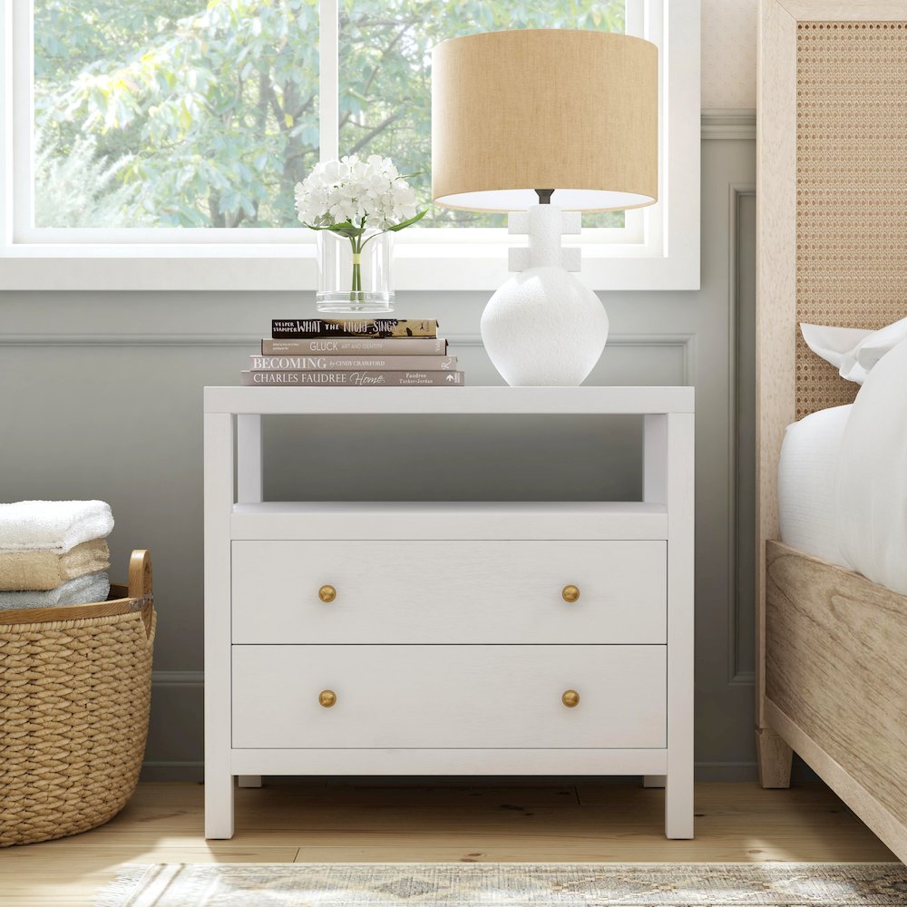 Nora 2-Drawer Wide Nightstand, White. Picture 7